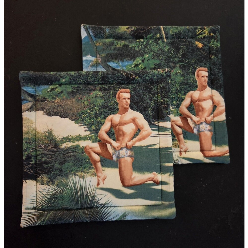 2 Robert Kauffman Print Beefcake/Beach Potholders/Hotpads  Insulated